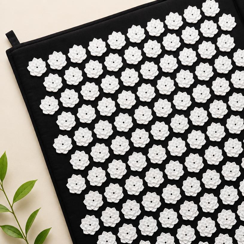 Close-up of white lotus-shaped spikes on the black acupressure mat